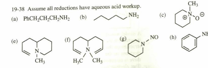 19-38 Assume all reductions have aqueous acid workup.
(b)
NH₂
(a) PhCH,CH,CH,NH,
(e)
E
CH3
N
H₂C CH3
N
NO
(c)
CH3
C
(h)
NH