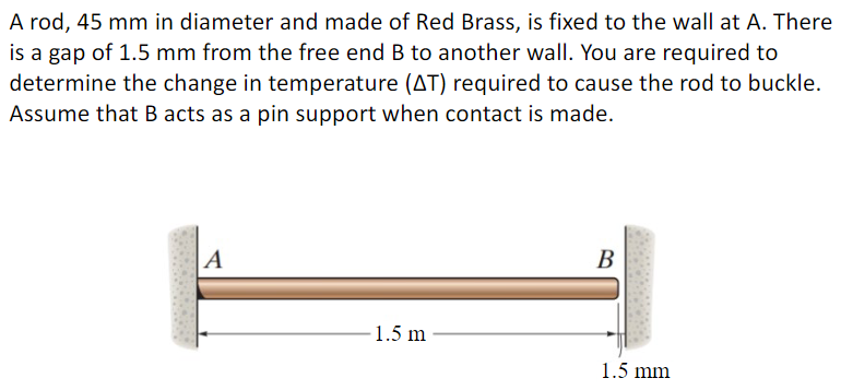 A rod, 45 mm in diameter and made of Red Brass, is fixed to the wall at A. There
is a gap of 1.5 mm from the free end B to another wall. You are required to
determine the change in temperature (AT) required to cause the rod to buckle.
Assume that B acts as a pin support when contact is made.
A
B
1.5 m
1.5 mm