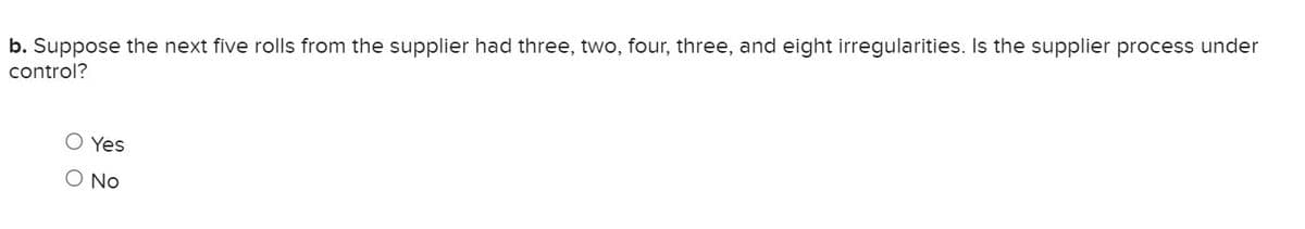 b. Suppose the next five rolls from the supplier had three, two, four, three, and eight irregularities. Is the supplier process under
control?
O Yes
O NO