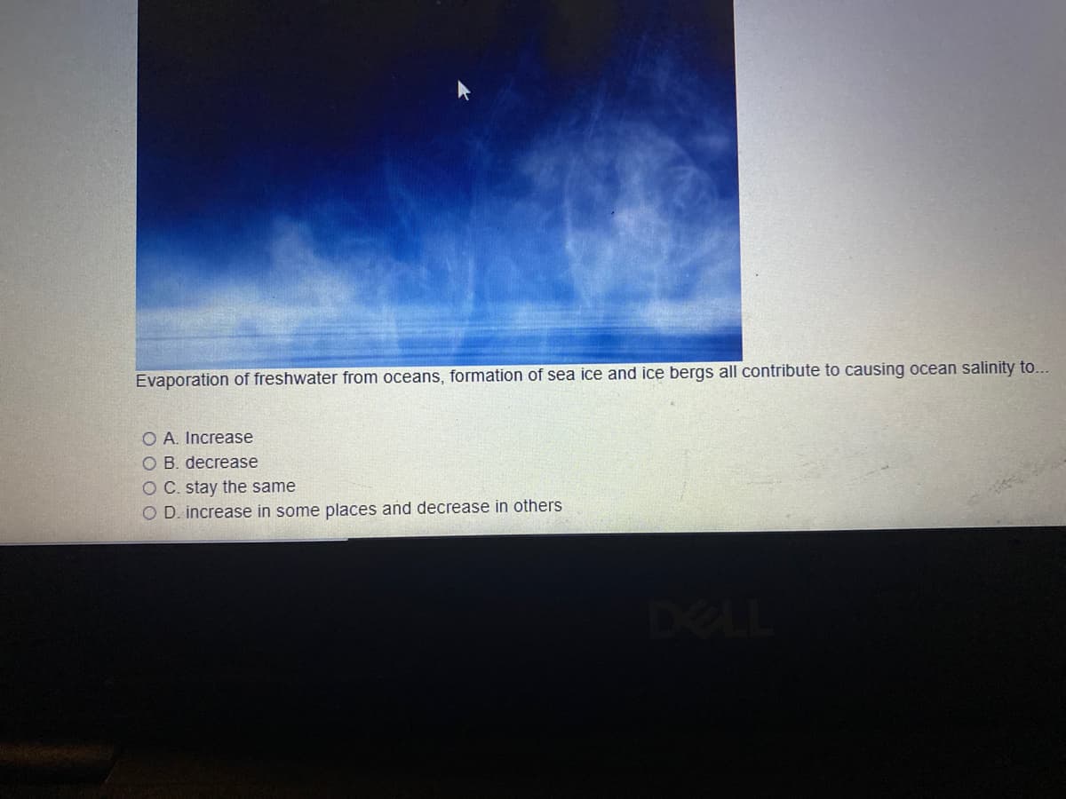 Evaporation of freshwater from oceans, formation of sea ice and ice bergs all contribute to causing ocean salinity to...
O A. Increase
O B. decrease
O C. stay the same
O D. increase in some places and decrease in others
DELL
