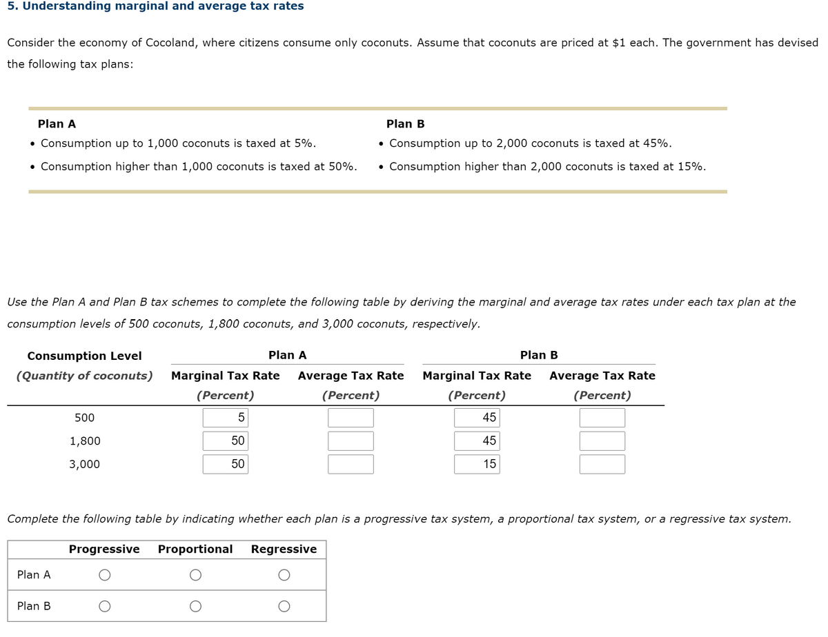 5. Understanding marginal and average tax rates
Consider the economy of Cocoland, where citizens consume only coconuts. Assume that coconuts are priced at $1 each. The government has devised
the following tax plans:
Plan A
Plan B
• Consumption up to 1,000 coconuts is taxed at 5%.
• Consumption up to 2,000 coconuts is taxed at 45%.
• Consumption higher than 1,000 coconuts is taxed at 50%.
Consumption higher than 2,000 coconuts is taxed at 15%.
Use the Plan A and Plan B tax schemes to complete the following table by deriving the marginal and average tax rates under each tax plan at the
consumption levels of 500 coconuts, 1,800 coconuts, and 3,000 coconuts, respectively.
Consumption Level
Plan A
Plan B
(Quantity of coconuts)
Marginal Tax Rate
Average Tax Rate
Marginal Tax Rate
Average Tax Rate
(Percent)
(Percent)
(Percent)
(Percent)
500
45
1,800
50
45
3,000
50
15
Complete the following table by indicating whether each plan is a progressive tax system, a proportional tax system, or a regressive tax system.
Progressive
Proportional
Regressive
Plan A
Plan B
