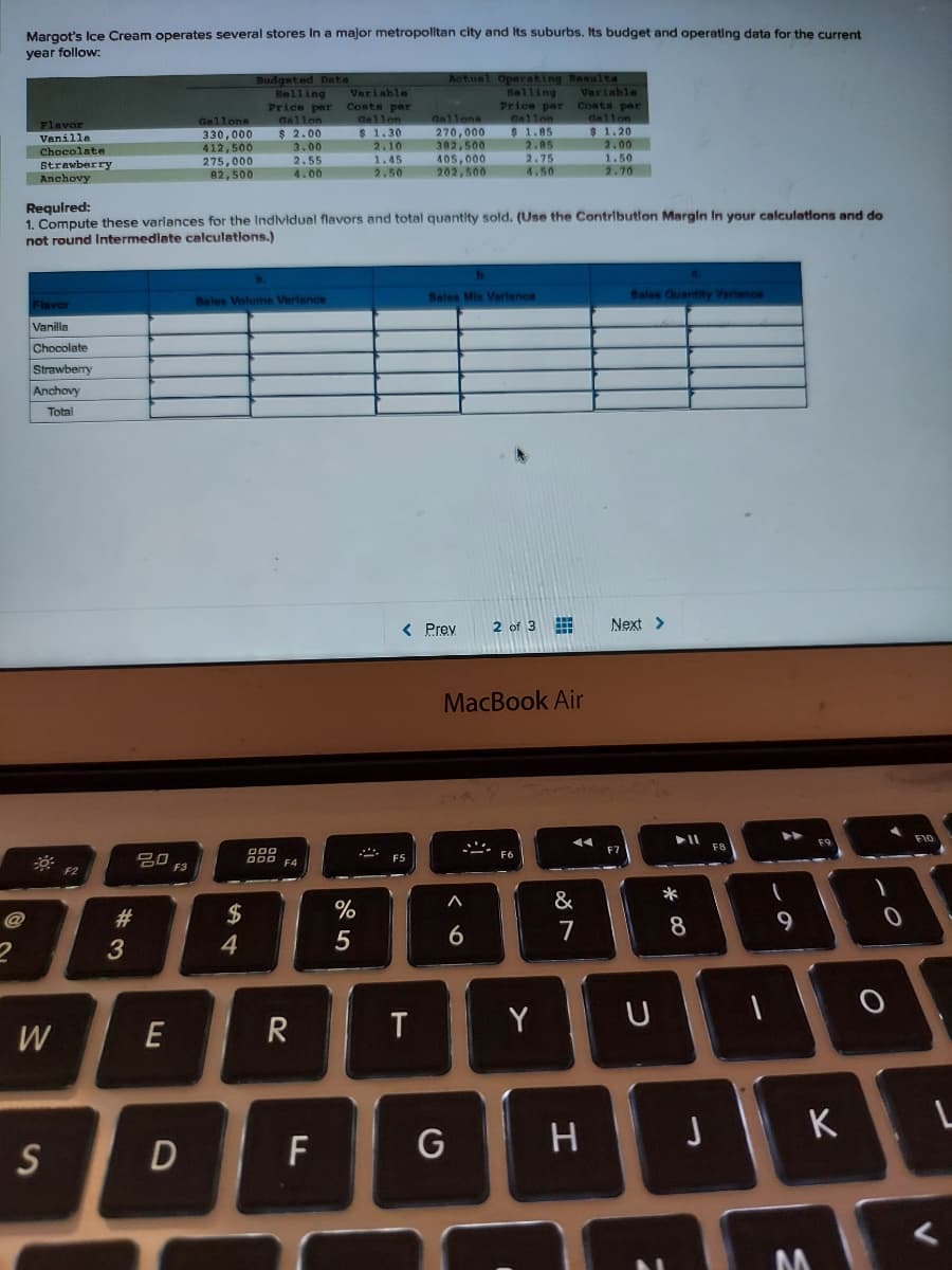 Margot's Ice Cream operates several stores in a major metropolitan city and its suburbs. Its budget and operating data for the current
year follow:
Flavor
Vanilla
Chocolate
Strawberry
Anchovy
Flavor
Vanilla
Chocolate
Strawberry
Anchovy
Total
W
S
Required:
1. Compute these variances for the Individual flavors and total quantity sold. (Use the Contribution Margin in your calculations and do
not round Intermediate calculations.)
#3
20
E
F3
Gellons
330,000
412,500
275,000
82,500
D
Budgeted Data
Selling Variable
Price par Coste per
Gallon
Gallon
$ 1.30
$ 2.00
3.00
2.55
4.00
2.10
1.45
2.50
Sales Volume Variance
$
4
F4
R
FL
%
5
Actual Operating Resulta
Selling
Price par
Gallon
$ 1.85
2.85
2.75
4.50
F5
dallona
270,000
382,500
405,000
202,500
T
< Prev
Sales Mix Variance
G
MacBook Air
<6
2 of 3
...
Variable
Costa per
Gallon
$ 1.20
2.00
1.50
2.70
Y
&
7
H
Sales Quantity Variance
Next >
U
► 11
*00
8
J
-
9
K
M
O
0
F10
L
<