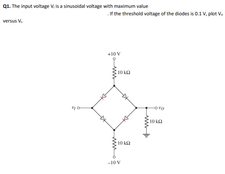 Q1. The input voltage V, is a sinusoidal voltage with maximum value
. If the threshold voltage of the diodes is 0.1 V, plot V.
versus V.
+10 V
10 kQ
o vo
10 k2
10 ΚΩ
-10 V
ww
