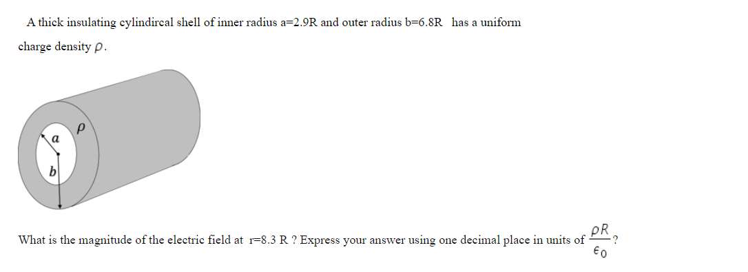 A thick insulating cylindircal shell of inner radius a=2.9R and outer radius b=6.8R has a uniform
charge density p.
PR
What is the magnitude of the electric field at r=8.3 R ? Express your answer using one decimal place in units of
