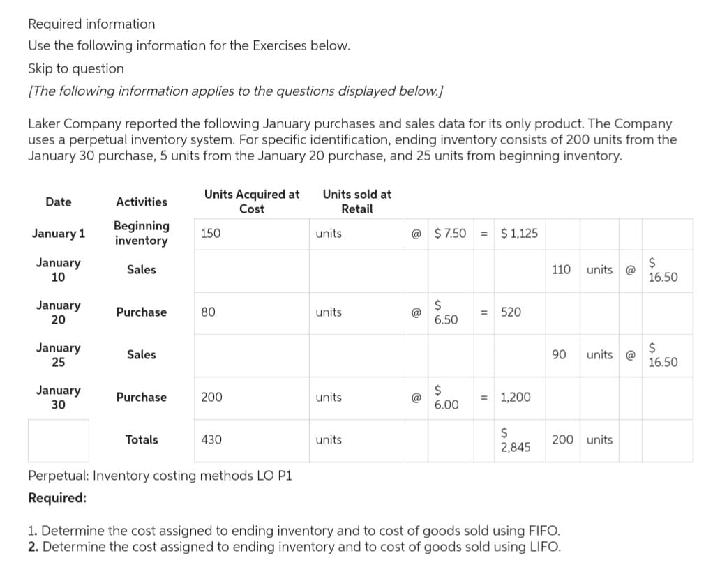 Required information
Use the following information for the Exercises below.
Skip to question
[The following information applies to the questions displayed below.]
Laker Company reported the following January purchases and sales data for its only product. The Company
uses a perpetual inventory system. For specific identification, ending inventory consists of 200 units from the
January 30 purchase, 5 units from the January 20 purchase, and 25 units from beginning inventory.
Date
January 1
January
10
January
20
January
25
January
30
Activities
Beginning
inventory
Sales
Purchase
Sales
Purchase
Totals
Units Acquired at
Cost
150
80
200
430
Perpetual: Inventory costing methods LO P1
Required:
Units sold at
Retail
units
units
units
units
@ $7.50 = $ 1,125
@
$
6.50
6.00
520
= 1,200
$
2,845
110
90
units @
1. Determine the cost assigned to ending inventory and to cost of goods sold using FIFO.
2. Determine the cost assigned to ending inventory and to cost of goods sold using LIFO.
units @
200 units
$
16.50
$
16.50