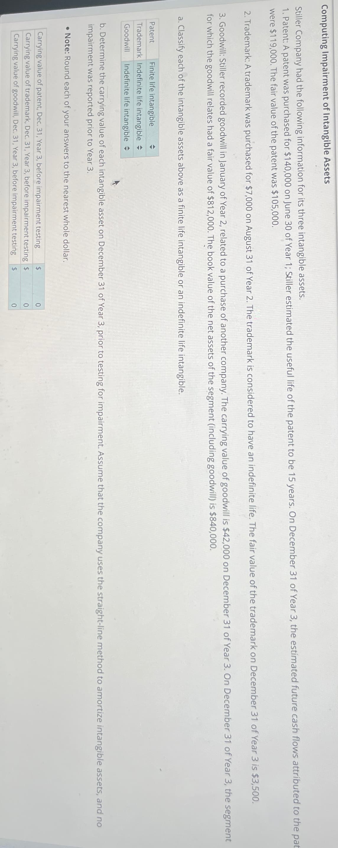 Computing Impairment of Intangible Assets
Stiller Company had the following information for its three intangible assets.
1. Patent: A patent was purchased for $140,000 on June 30 of Year 1; Stiller estimated the useful life of the patent to be 15 years. On December 31 of Year 3, the estimated future cash flows attributed to the pat
were $119,000. The fair value of the patent was $105,000.
2. Trademark: A trademark was purchased for $7,000 on August 31 of Year 2. The trademark is considered to have an indefinite life. The fair value of the trademark on December 31 of Year 3 is $3,500.
3. Goodwill: Stiller recorded goodwill in January of Year 2, related to a purchase of another company. The carrying value of goodwill is $42,000 on December 31 of Year 3. On December 31 of Year 3, the segment
for which the goodwill relates had a fair value of $812,000. The book value of the net assets of the segment (including goodwill) is $840,000.
a. Classify each of the intangible assets above as a finite life intangible or an indefinite life intangible.
Patent
Finite life intangible
Trademark Indefinite life intangible
Goodwill Indefinite life intangible
b. Determine the carrying value of each intangible asset on December 31 of Year 3, prior to testing for impairment. Assume that the company uses the straight-line method to amortize intangible assets, and no
impairment was reported prior to Year 3.
•Note: Round each of your answers to the nearest whole dollar.
$
0
Carrying value of patent, Dec. 31, Year 3, before impairment testing
Carrying value of trademark, Dec. 31, Year 3, before impairment testing $
Carrying value of goodwill, Dec. 31, Year 3, before impairment testing $
0
0