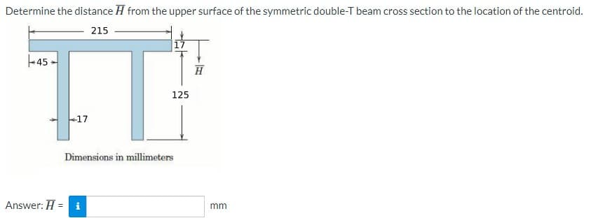 Determine the distance H from the upper surface of the symmetric double-T beam cross section to the location of the centroid.
215
-45
125
-17
Dimensions in millimeters
Answer: H = i
mm

