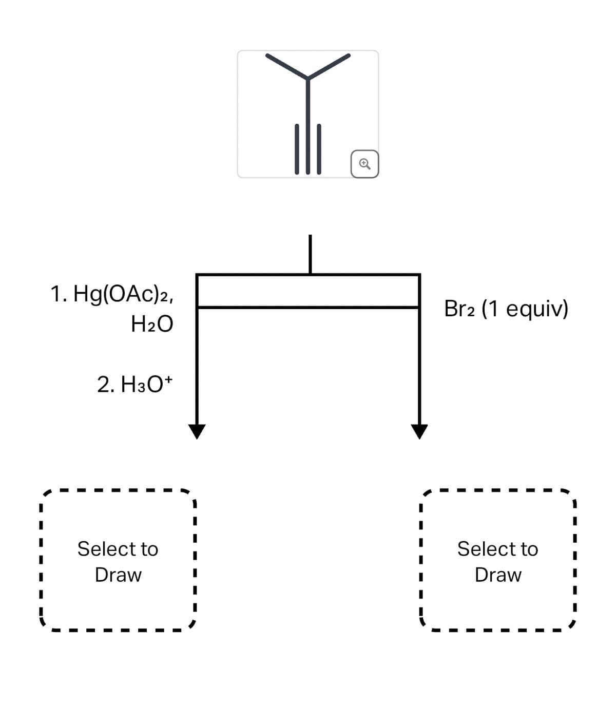 1. Hg(OAc)2,
H₂O
2. H3O+
Select to
Draw
Br2 (1 equiv)
Select to
Draw