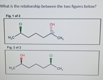 What is the relationship between the two figures below?
Fig. 1 of 2
CI
OH
H,C
CH3
Fig. 2 of 2
OH
CI
H,C
CH

