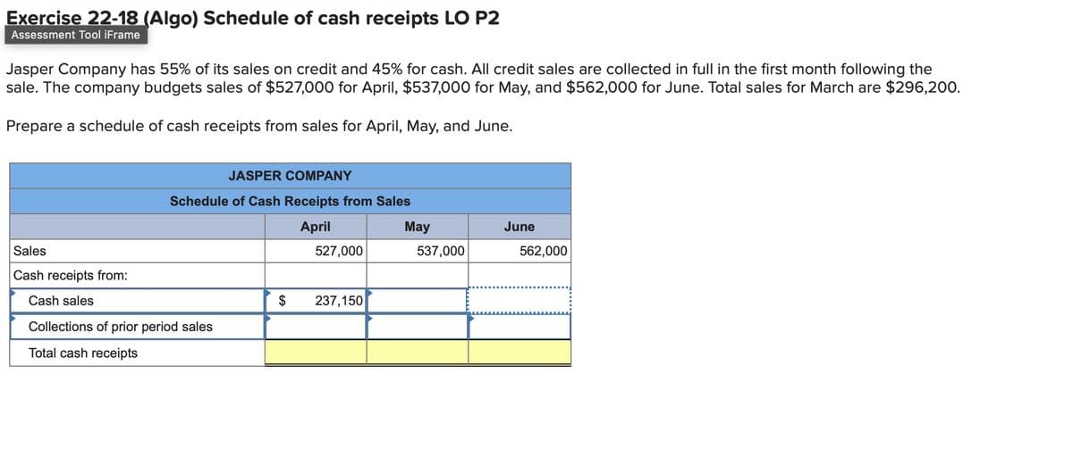 Exercise 22-18 (Algo) Schedule of cash receipts LO P2
Assessment Tool iFrame
Jasper Company has 55% of its sales on credit and 45% for cash. All credit sales are collected in full in the first month following the
sale. The company budgets sales of $527,000 for April, $537,000 for May, and $562,000 for June. Total sales for March are $296,200.
Prepare a schedule of cash receipts from sales for April, May, and June.
JASPER COMPANY
Schedule of Cash Receipts from Sales
Sales
April
527,000
Cash receipts from:
Cash sales
$
237,150
Collections of prior period sales
Total cash receipts
May
June
537,000
562,000