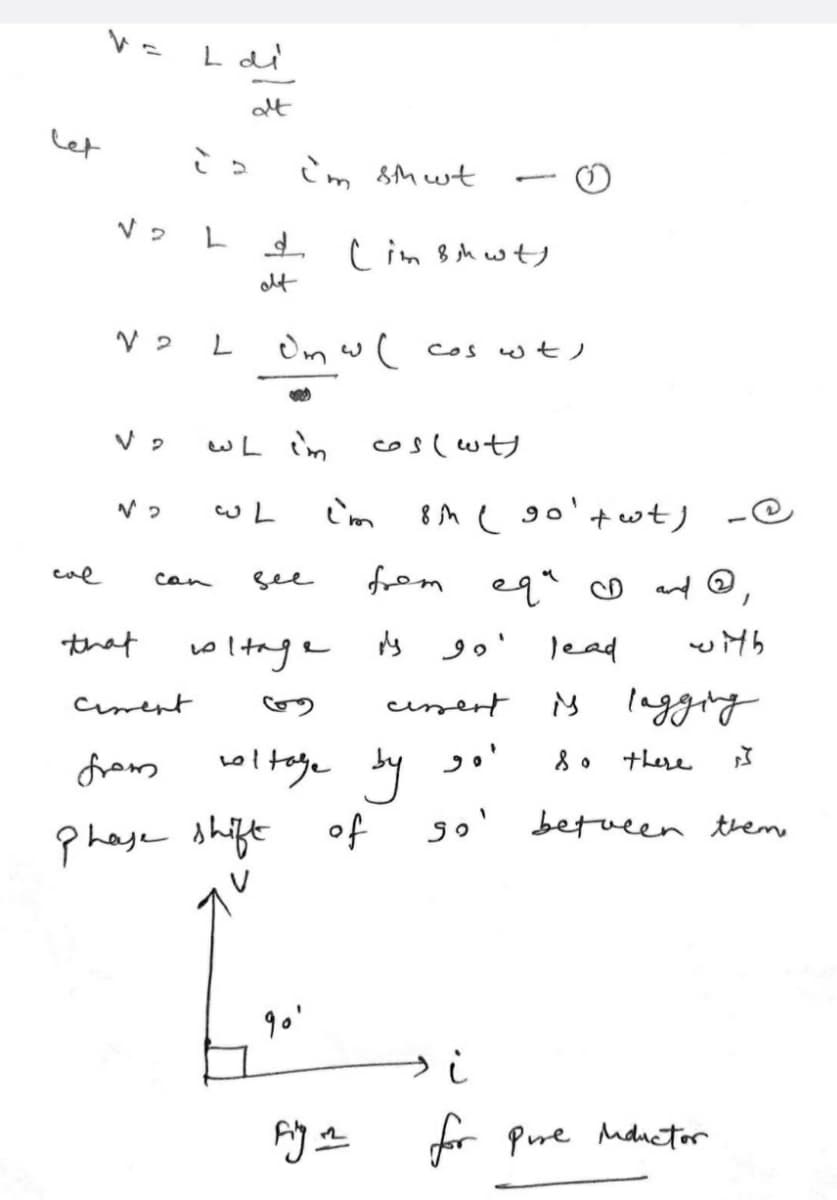 L di
t
let
im sMwt
C im 8 sh wt)
alt
V 2
L Om w ( cos wt)
wL im
coslwt
i'm
8m e go'twt) -C
from equ oat@,
cul
can
see
that
oItage
My go' lead
cirent
cusert
lnggng
there
from
oitege by so'
go' betueen them
Phaye shift of
9o'
for pue mductor
pre Mductor
