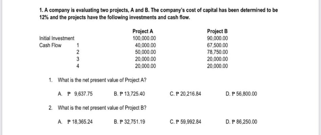1. A company is evaluating two projects, A and B. The company's cost of capital has been determined to be
12% and the projects have the following investments and cash flow.
Initial Investment
Cash Flow
1
2
3
4
Project A
100,000.00
40,000.00
50,000.00
20,000.00
20,000.00
1. What is the net present value of Project A?
B. P 13,725.40
A. P 9,637.75
2. What is the net present value of Project B?
A. P 18,365.24
B. P 32,751.19
C. P 20,216.84
C. P 59,992.84
Project B
90,000.00
67,500.00
78,750.00
20,000.00
20,000.00
D. P 56,800.00
D. P 86,250.00
