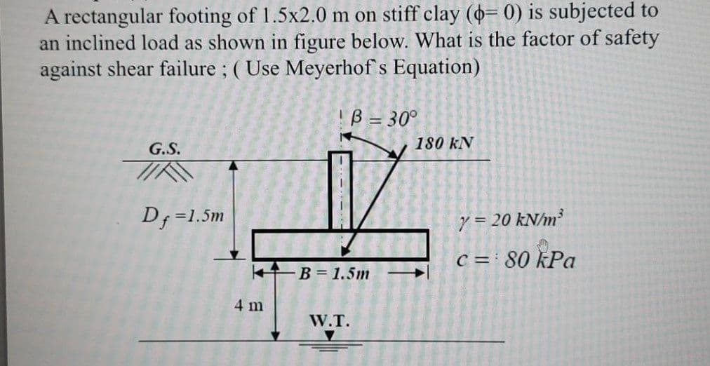A rectangular footing of 1.5x2.0 m on stiff clay (o= 0) is subjected to
an inclined load as shown in figure below. What is the factor of safety
against shear failure ; (Use Meyerhof s Equation)
!B = 30°
G.S.
180 kN
D;=1.5m
y = 20 kN/m²
C = 80 kPa
B = 1.5m
4 m
W.T.
