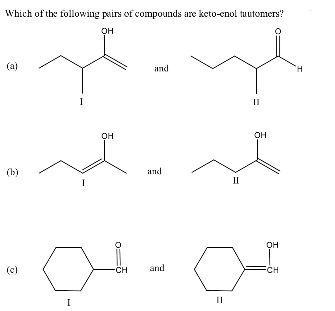 Which of the following pairs of compounds are keto-enol tautomers?
ОН
(a)
and
H.
II
ОН
ОН
(b)
and
I
II
ОН
(c)
CH
and
CH
I
II
