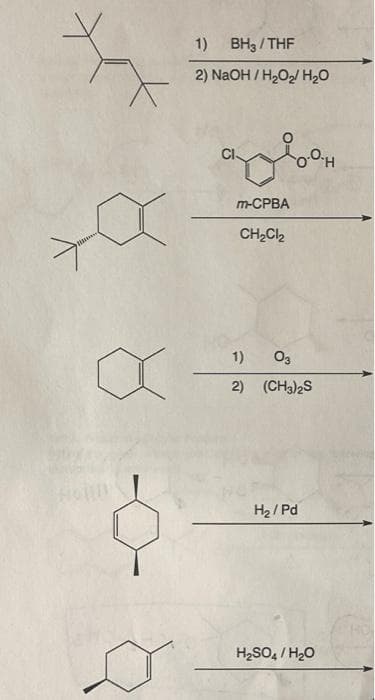 xxx
X
1) BH3/THF
NaOH/H₂O₂/ H₂O
2)
aloon
CI
m-CPBA
CH₂Cl₂
1) 03
2) (CH3)2S
H₂/Pd
H₂SO4/H₂O