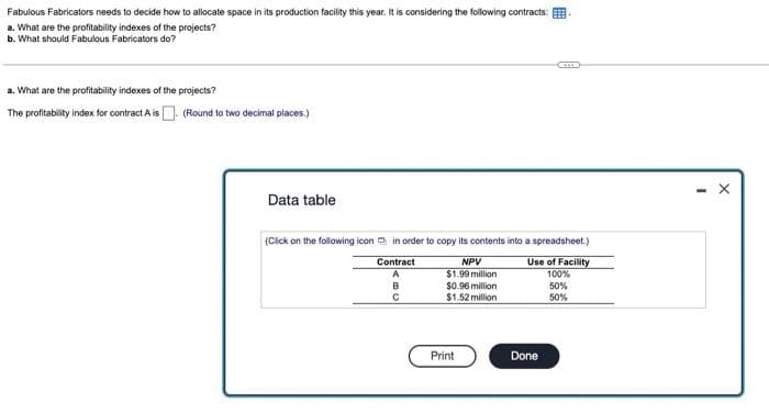 Fabulous Fabricators needs to decide how to allocate space in its production facility this year. It is considering the following contracts:
a. What are the profitability indexes of the projects?
b. What should Fabulous Fabricators do?
a. What are the profitability indexes of the projects?
The profitability index for contract A is
(Round to two decimal places.)
Data table
(Click on the following icon in order to copy its contents into a spreadsheet.)
NPV
Use of Facility
Contract
A
$1.99 million
100%
$0.96 million
50%
$1.52 million
50%
B
с
Print
ACCES
Done
- X