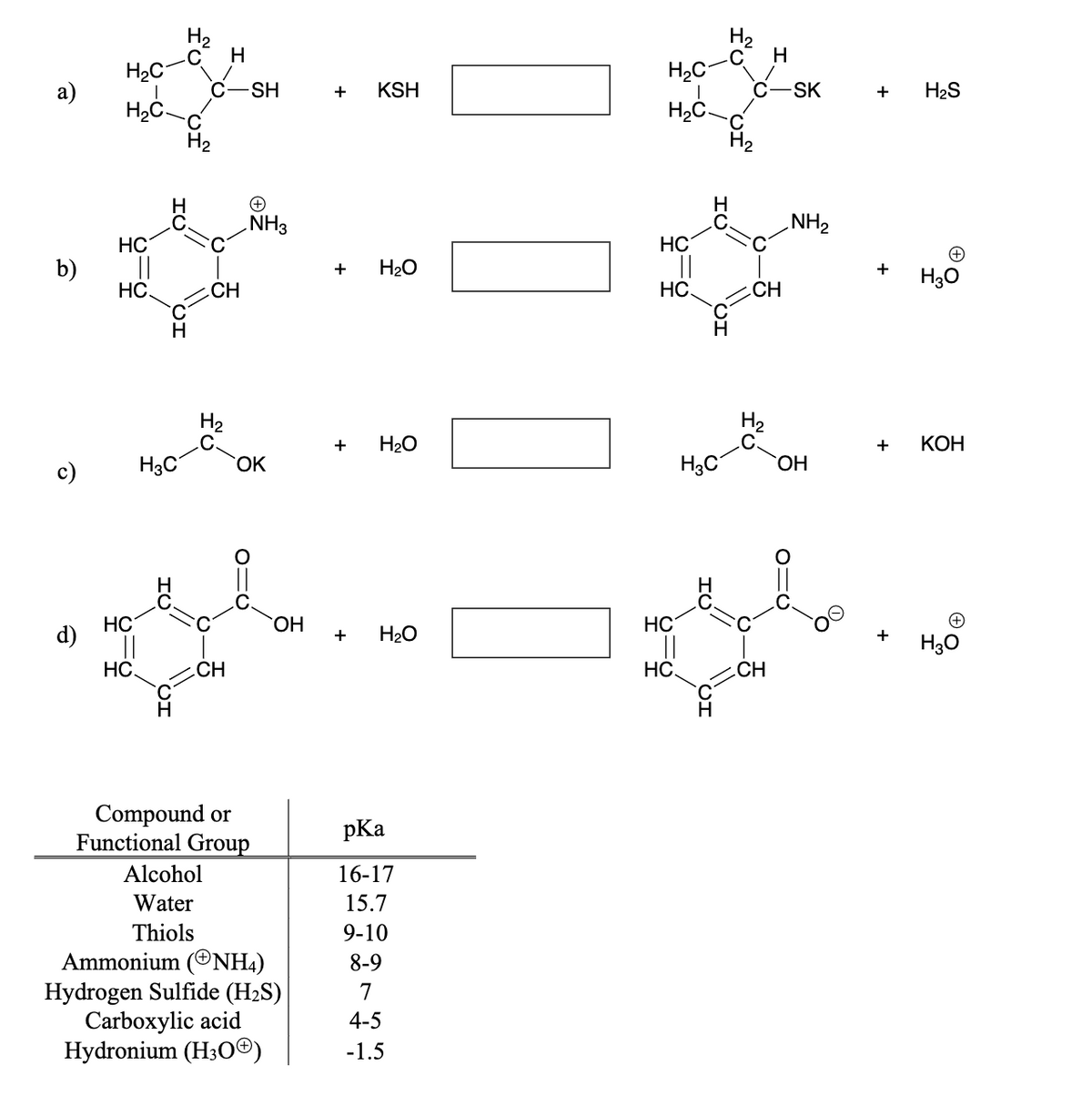 H2
H
H2
H2C
а)
H2C
C
C-SH
KSH
SK
+
H2S
H2C-
H2
NH3
NH2
HC
HC
b)
H2O
+
+
H30
HC.
CH
HC.
CH
H
H2
H2
.C
OK
+
H20
+
КОН
c)
H3C
H3C
ОН
d)
HC
HO.
+
H2O
HC
+
H30
HC.
.CH
HC.
CH
H
Compound or
Functional Group
pKa
Alcohol
16-17
Water
15.7
Thiols
9-10
Ammonium (ONH4)
Hydrogen Sulfide (H2S)
Carboxylic acid
Hydronium (H3O®)
8-9
7
4-5
-1.5
fo
