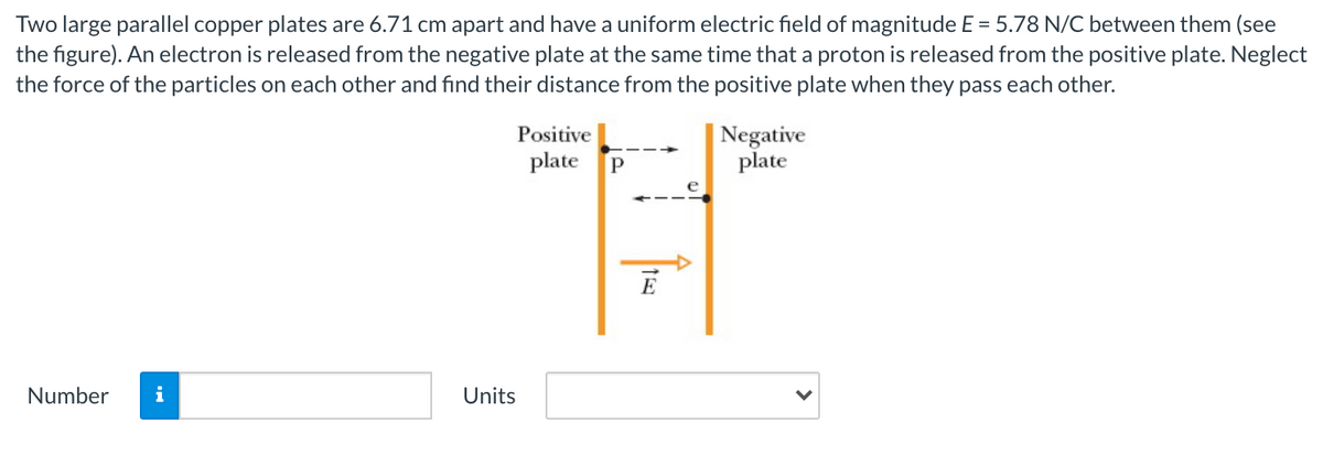 Two large parallel copper plates are 6.71 cm apart and have a uniform electric field of magnitude E = 5.78 N/C between them (see
the figure). An electron is released from the negative plate at the same time that a proton is released from the positive plate. Neglect
the force of the particles on each other and find their distance from the positive plate when they pass each other.
| Negative
plate
Positive
plate
e
E
Number
i
Units
