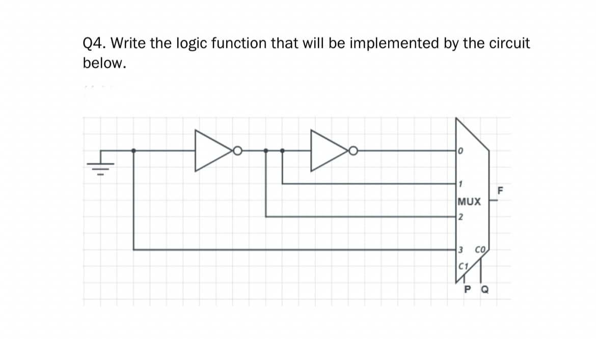 Q4. Write the logic function that will be implemented by the circuit
below.
0
MUX
2
C1
CO
P Q
F