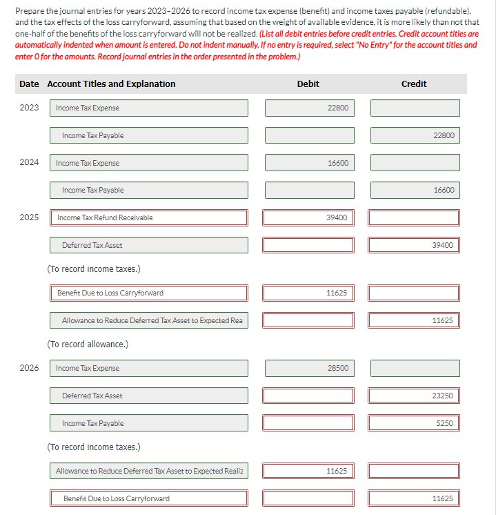 Prepare the journal entries for years 2023-2026 to record income tax expense (benefit) and income taxes payable (refundable),
and the tax effects of the loss carryforward, assuming that based on the weight of available evidence, it is more likely than not that
one-half of the benefits of the loss carryforward will not be realized. (List all debit entries before credit entries. Credit account titles are
automatically indented when amount is entered. Do not indent manually. If no entry is required, select "No Entry" for the account titles and
enter O for the amounts. Record journal entries in the order presented in the problem.)
Date Account Titles and Explanation
2023
Income Tax Expense
Income Tax Payable
2024
Income Tax Expense
Debit
22800
16600
Income Tax Payable
2025
Income Tax Refund Receivable
39400
Deferred Tax Asset
(To record income taxes.)
Benefit Due to Loss Carryforward
Allowance to Reduce Deferred Tax Asset to Expected Rea
(To record allowance.)
2026
Income Tax Expense
Deferred Tax Asset
Income Tax Payable
(To record income taxes.)
Allowance to Reduce Deferred Tax Asset to Expected Realiz
Benefit Due to Loss Carryforward
11625
28500
11625
Credit
22800
16600
39400
11625
23250
5250
11625