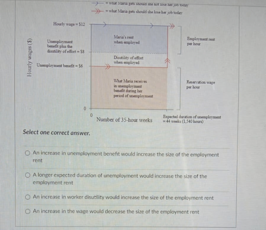 Hourly wages ($)
Hourly wage = $12
Unemployment
benefit plus the
disutility of effort=$8
Unemployment benefit=$6
0
Select one correct answer.
what Niania gets should she not lose her job today
what Maria gets should she lose her job today
Mania's rent
when employed
Disutility of effort
when employed
What Maria receives
in unemployment
benefit during her
period of unemployment
Number of 35-hour weeks
Employment rent
per hour
Reservation wage
per hour
Expected duration of unemployment
44 weeks (1,540 hours)
An increase in unemployment benefit would increase the size of the employment
rent
A longer expected duration of unemployment would increase the size of the
employment rent
O An increase in worker disutility would increase the size of the employment rent
An increase in the wage would decrease the size of the employment rent