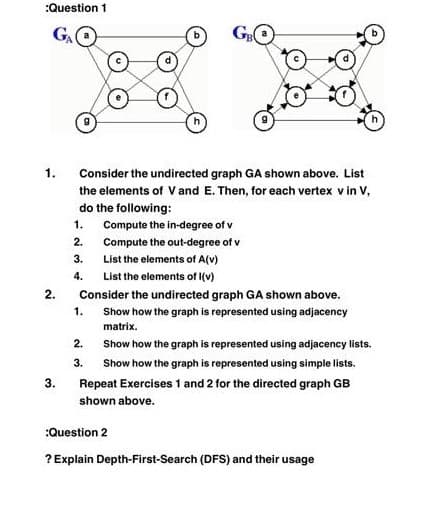 :Question 1
1.
Consider the undirected graph GA shown above. List
the elements of V and E. Then, for each vertex v in V,
do the following:
Compute the in-degree of v
1.
2.
Compute the out-degree of v
3.
List the elements of A(v)
4.
List the elements of I(V)
2.
Consider the undirected graph GA shown above.
1.
Show how the graph is represented using adjacency
matrix.
2.
Show how the graph is represented using adjacency lists.
3.
Show how the graph is represented using simple lists.
3.
Repeat Exercises 1 and 2 for the directed graph GB
shown above.
:Question 2
? Explain Depth-First-Search (DFS) and their usage

