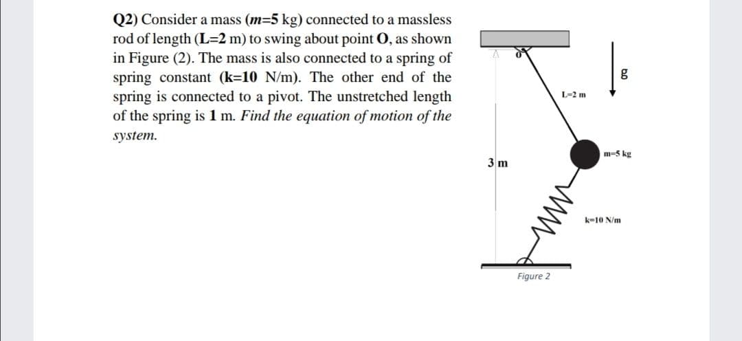 Q2) Consider a mass (m=5 kg) connected to a massless
rod of length (L=2 m) to swing about point O, as shown
in Figure (2). The mass is also connected to a spring of
spring constant (k=10 N/m). The other end of the
spring is connected to a pivot. The unstretched length
of the spring is 1 m. Find the equation of motion of the
L=2 m
system.
m-5 kg
3 m
k-10 N/m
Figure 2
ww
