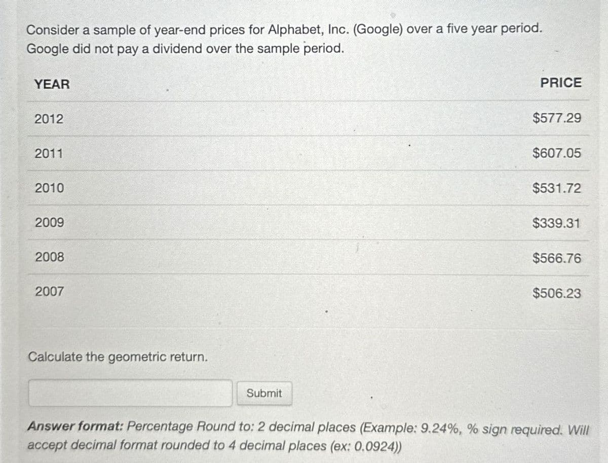 Consider a sample of year-end prices for Alphabet, Inc. (Google) over a five year period.
Google did not pay a dividend over the sample period.
YEAR
2012
2011
2010
2009
2008
2007
Calculate the geometric return.
Submit
PRICE
$577.29
$607.05
$531.72
$339.31
$566.76
$506.23
Answer format: Percentage Round to: 2 decimal places (Example: 9.24%, % sign required. Will
accept decimal format rounded to 4 decimal places (ex: 0.0924))