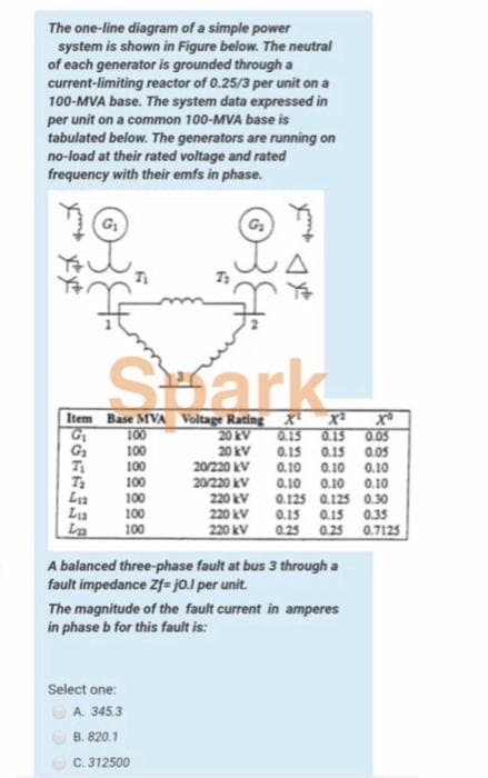 The one-line diagram of a simple power
system is shown in Figure below. The neutral
of each generator is grounded through a
current-limiting reactor of 0.25/3 per unit on a
100-MVA base. The system data expressed in
per unit on a common 100-MVA base is
tabulated below. The generators are running on
no-load at their rated voltage and rated
frequency with their emfs in phase.
G
Stark
Item Base MVA Voltage Rating X' x²
20 kV
20 kV
20/220 kV
20/220 kV
100
0.05
0.15
0.15
0.10
0.10
220 kV 0.125 0.125 0.30
0.15
0.25 025 0.7125
0.15
100
100
0.15
0.05
0.10
0.10
0.10
100
0.10
100
100
Lu
La
220 kV 0.15
220 kV
0.35
100
A balanced three-phase fault at bus 3 through a
fault impedance Zf= jo.I per unit.
The magnitude of the fault current in amperes
in phase b for this fault is:
Select one:
A. 345.3
B. 820.1
C. 312500
3888888
产产
