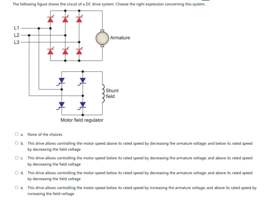 The following figure shows the circuit of a DC drive system. Choose the right expression concerning this system.
L1
L2
L3
123
Armature
Shunt
field
Motor field regulator
O a. None of the choices
O b. This drive allows controlling the motor speed above its rated speed by decreasing the armature voltage; and below its rated speed
by decreasing the field voltage
O c. This drive allows controlling the motor speed below its rated speed by decreasing the armature voltage; and above its rated speed
by decreasing the field voltage
O d. This drive allows controlling the motor speed below its rated speed by decreasing the armature voltage; and above its rated speed
by decreasing the field voltage
e. This drive allows controlling the motor speed below its rated speed by increasing the armature voltage; and above its rated speed by
increasing the field voltage