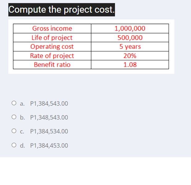 Compute the project cost.
Gross income
1,000,000
Life of project
Operating cost
Rate of project
500,000
5 years
20%
Benefit ratio
1.08
O a. P1,384,543.00
O b. P1,348,543.00
O c. P1,384,534.00
O d. P1,384,453.00
