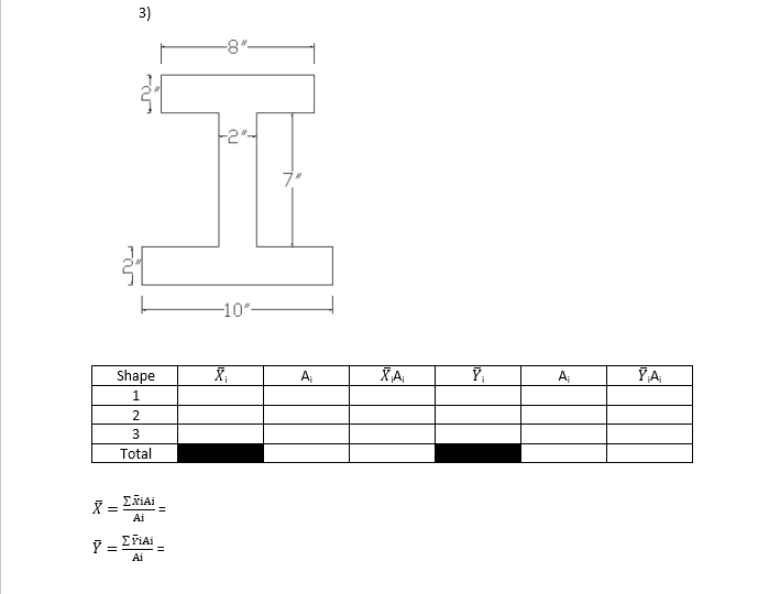 3)
-8"-
-10"-
Shape
A
XA,
A
YA
1.
2.
3
Total
ΣΑ
Ai
=
Ai
