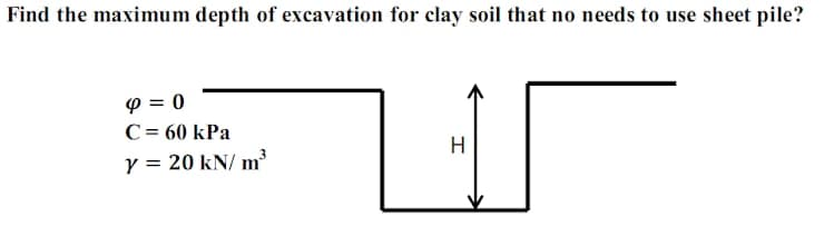 Find the maximum depth of excavation for clay soil that no needs to use sheet pile?
p = 0
C = 60 kPa
Y = 20 kN/ m³
エ
