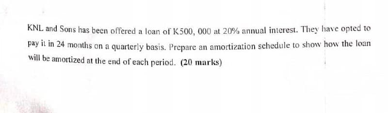 KNL and Sons has been offered a loan of K500, 000 at 20% annual interest. They have opted to
pay it in 24 months on a quarterly basis. Prepare an amortization schedule to show how the loan
will be amortized at the end of each period. (20 marks)