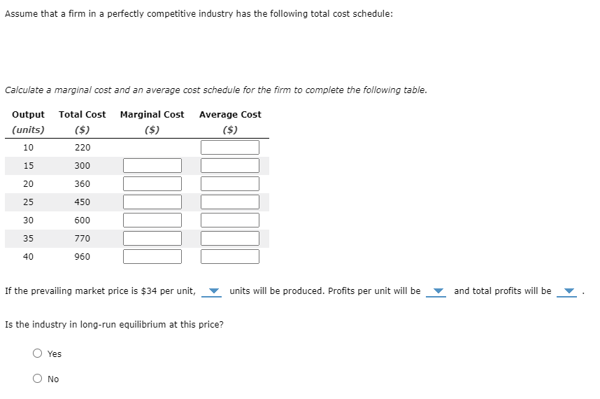 Assume that a firm in a perfectly competitive industry has the following total cost schedule:
Calculate a marginal cost and an average cost schedule for the firm to complete the following table.
Output Total Cost
Marginal Cost
($)
Average Cost
($)
(units)
($)
10
220
15
300
20
360
25
450
30
600
35
770
40
960
If the prevailing market price is $34 per unit,
units will be produced. Profits per unit will be
and total profits will be
Is the industry in long-run equilibrium at this price?
Yes
Ο NO