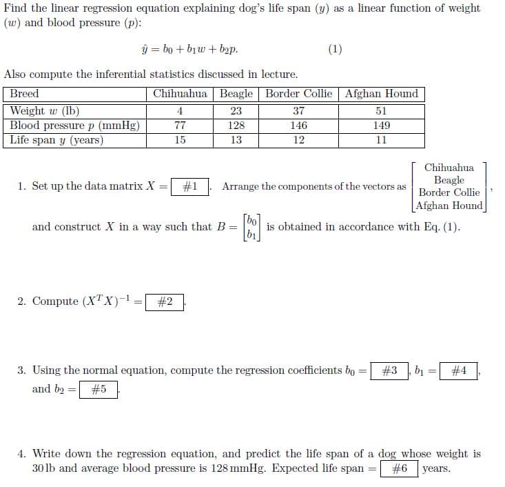 Find the linear regression equation explaining dog's life span (y) as a linear function of weight
(w) and blood pressure (p):
ý = bo+bưu + b2p.
Also compute the inferential statistics discussed in lecture.
Breed
Weight w (lb)
Blood pressure p (mmHg)
Life span y (years)
Chihuahua Beagle Border Collie
4
23
77
128
15
13
1. Set up the data matrix X = #1
and construct X in a way such that B
2. Compute (XTX)-¹ = #2
(1)
37
146
12
Afghan Hound
51
149
11
Arrange the components of the vectors as
Chihuahua
Beagle
Border Collie
Afghan Hound
[bo] is obtained in accordance with Eq. (1).
3. Using the normal equation, compute the regression coefficients bo
and b₂ = #5
= #3 b₁ = #4
4. Write down the regression equation, and predict the life span of a dog whose weight is
30lb and average blood pressure is 128 mmHg. Expected life span = #6 years.