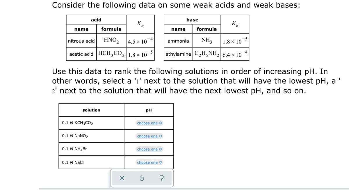 Consider the following data on some weak acids and weak bases:
acid
base
Ka
name
formula
name
formula
nitrous acid
HNO2
4.5 × 10*
ammonia
NH3
- 5
1.8 × 10
-4
acetic acid |HCH3CO2|1.8 × 10
ethylamine C2H5NH2|6.4 × 10
Use this data to rank the following solutions in order of increasing pH. In
other words, select a 'i' next to the solution that will have the lowest pH, a '
2' next to the solution that will have the next lowest pH, and so on.
solution
pH
0.1 М КCН3CО2
choose one O
0.1 M NANO2
choose one O
0.1 M NH4B
choose one O
0.1 M NaCl
choose one O
