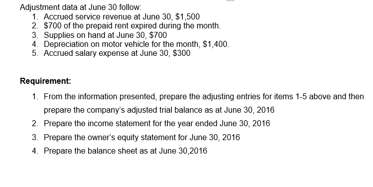 Adjustment data at June 30 follow:
1. Accrued service revenue at June 30, $1,500
2. $700 of the prepaid rent expired during the month.
3. Supplies on hand at June 30, $700
4. Depreciation on motor vehicle for the month, $1,400.
5. Accrued salary expense at June 30, $300
Requirement:
1. From the information presented, prepare the adjusting entries for items 1-5 above and then
prepare the company's adjusted trial balance as at June 30, 2016
2. Prepare the income statement for the year ended June 30, 2016
3. Prepare the owner's equity statement for June 30, 2016
4. Prepare the balance sheet as at June 30,2016
