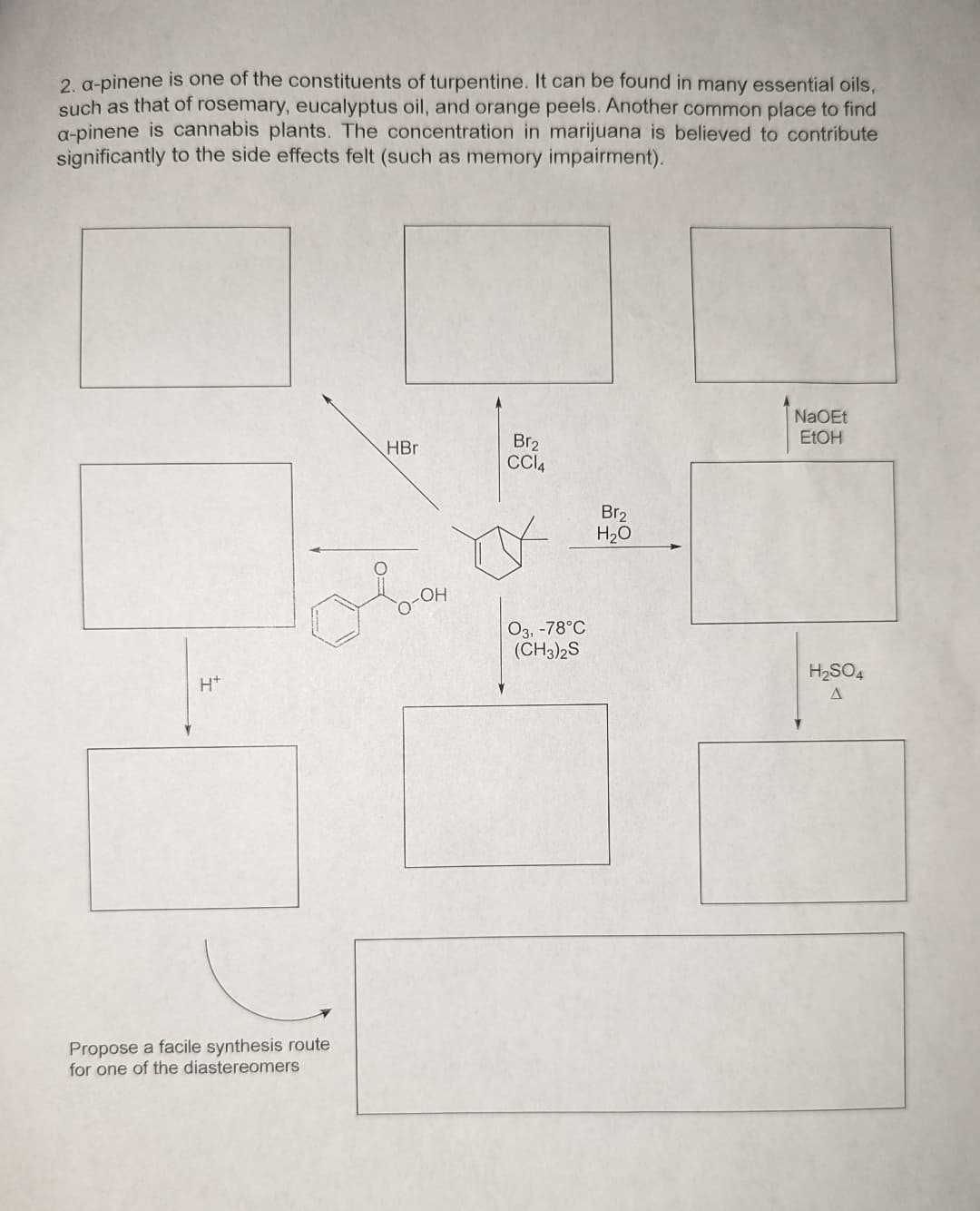 2. a-pinene is one of the constituents of turpentine. It can be found in many essential oils,
such as that of rosemary, eucalyptus oil, and orange peels. Another common place to find
a-pinene is cannabis plants. The concentration in marijuana is believed to contribute
significantly to the side effects felt (such as memory impairment).
H+
Propose a facile synthesis route
for one of the diastereomers
HBr
Br2
CCl4
Br2
H₂O
NaOEt
EtOH
LOH
O3, -78°C
(CH3)2S
H2SO4
A