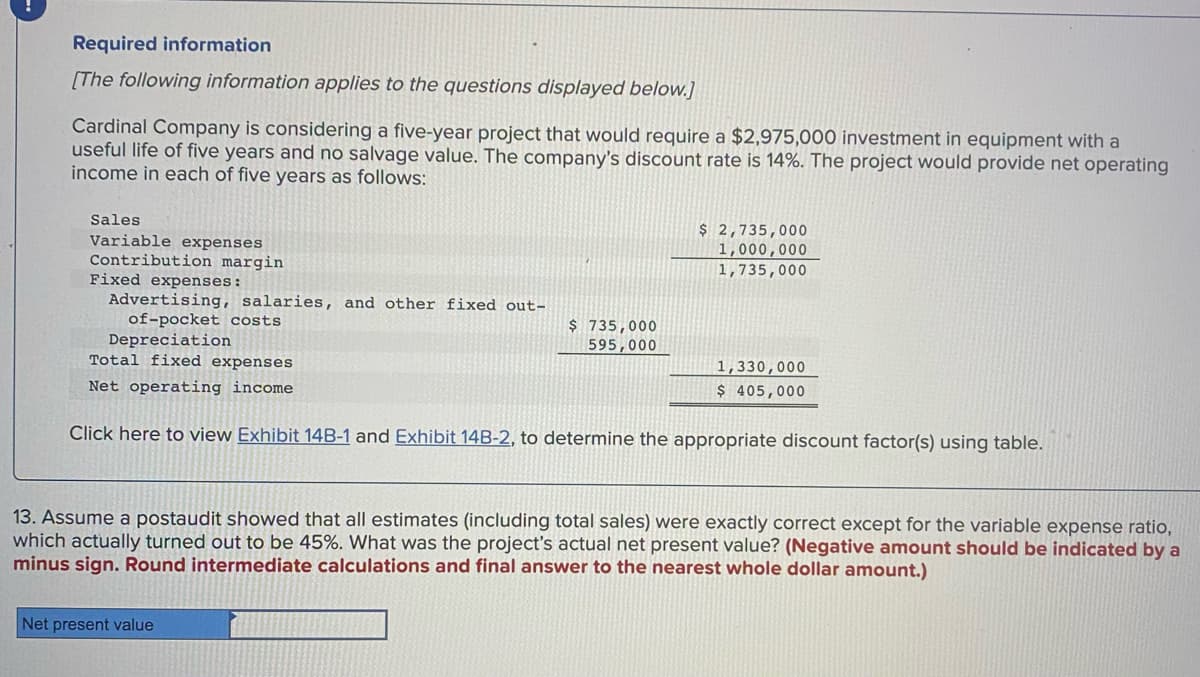 Required information
[The following information applies to the questions displayed below.]
Cardinal Company is considering a five-year project that would require a $2,975,000 investment in equipment with a
useful life of five years and no salvage value. The company's discount rate is 14%. The project would provide net operating
income in each of five years as follows:
Sales
Variable expenses
Contribution margin
$ 2,735,000
1,000,000
1,735,000
Fixed expenses:
Advertising, salaries, and other fixed out-
of-pocket costs
Depreciation
Total fixed expenses
$ 735,000
595,000
1,330,000
$ 405,000
Net operating income
Click here to view Exhibit 14B-1 and Exhibit 14B-2, to determine the appropriate discount factor(s) using table.
13. Assume a postaudit showed that all estimates (including total sales) were exactly correct except for the variable expense ratio,
which actually turned out to be 45%. What was the project's actual net present value? (Negative amount should be indicated by a
minus sign. Round intermediate calculations and final answer to the nearest whole dollar amount.)
Net present value
