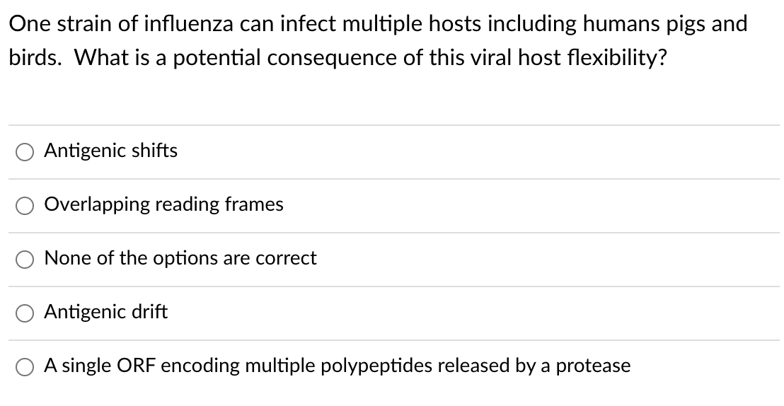 One strain of influenza can infect multiple hosts including humans pigs and
birds. What is a potential consequence of this viral host flexibility?
Antigenic shifts
Overlapping reading frames
None of the options are correct
Antigenic drift
A single ORF encoding multiple polypeptides released by a protease
