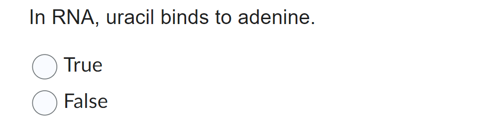 In RNA, uracil binds to adenine.
True
False