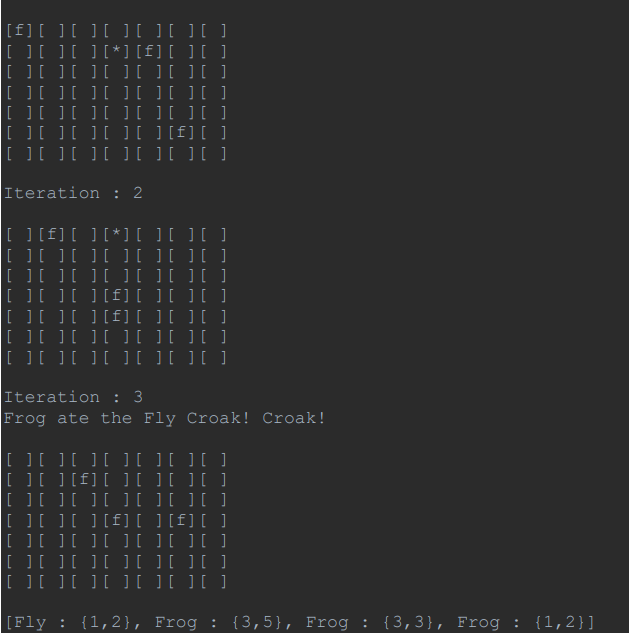 [f][ ][ ][ ][ ][ ][ ]
[ ][][*][f][ ][ ]
[ ][ ][ ][ ][][ I ]
[ ][ ][ ][ ][][ I ]
[ ][ ][ ][ ][][I]
[ ][ ][ ][ ][ ][f][ ]
][ ][ ][ ][ ][ ][ ]
Iteration : 2
][f][ ][*][ ] U
][ ][ ]I]I ][ ][ ]
][ ][ ][UI ][[ ]
[ ][ ][ ][f][][I]
[ ][ ][ ][f] [ ][ ][ ]
[ ][ ][ ][ ][ ][I ]
[ ][ ][ ][ ][][I]
Iteration : 3
Frog ate the Fly Croak! Croak!
[][ ][ ][ ][UUU
[ ][ ][f][ ][ ][ ][ ]
[ ][ ][ ][ ][ ][ ][ ]
[ ][ ][ ][f][ ] [f][ ]
][ ][ ][ ][ ][ ][ ]
[][ ] ][ ][ ][ ][ ]
][ ][ ][ ][ ][ ][ ]
[Fly : {1,2}, Frog : {3,5}, Frog : {3,3}, Frog : {1,2}]
