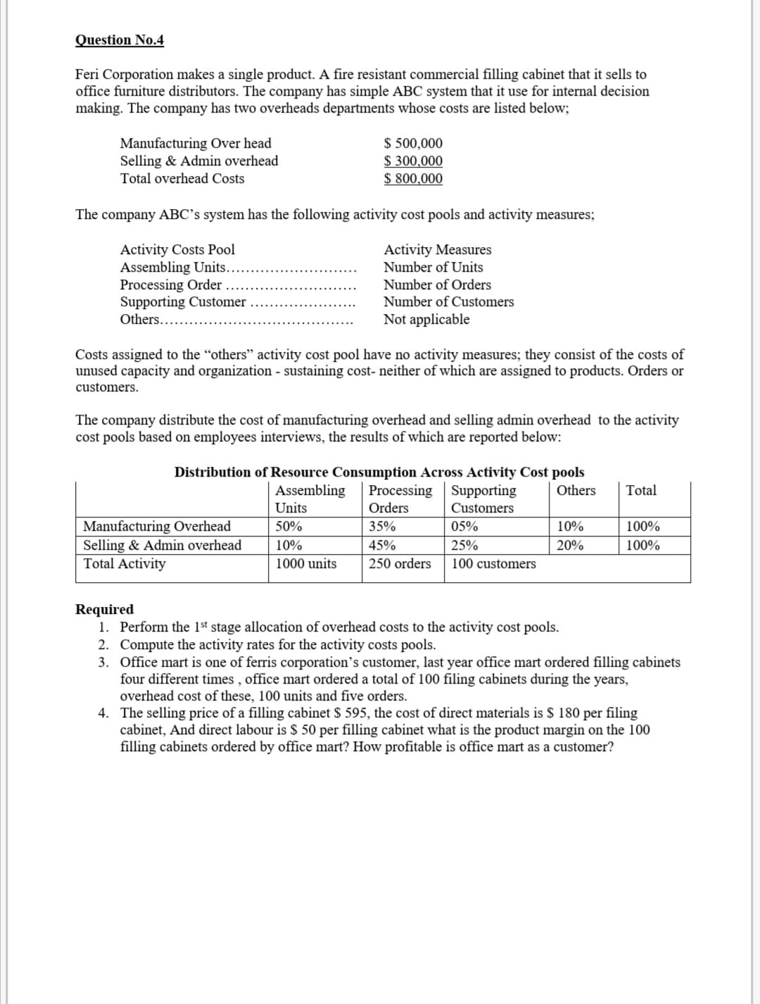 Question No.4
Feri Corporation makes a single product. A fire resistant commercial filling cabinet that it sells to
office furniture distributors. The company has simple ABC system that it use for internal decision
making. The company has two overheads departments whose costs are listed below;
Manufacturing Over head
Selling & Admin overhead
Total overhead Costs
$ 500,000
$ 300,000
$ 800,000
The company ABC's system has the following activity cost pools and activity measures;
Activity Costs Pool
Assembling Units.
Processing Order
Supporting Customer
Others..
Activity Measures
Number of Units
Number of Orders
Number of Customers
Not applicable
Costs assigned to the "others" activity cost pool have no activity measures; they consist of the costs of
unused capacity and organization - sustaining cost- neither of which are assigned to products. Orders or
customers.
The company distribute the cost of manufacturing overhead and selling admin overhead to the activity
cost pools based on employees interviews, the results of which are reported below:
Distribution of Resource Consumption Across Activity Cost pools
Others
Processing Supporting
Orders
Assembling
Total
Units
Customers
Manufacturing Overhead
Selling & Admin overhead
Total Activity
50%
35%
05%
10%
100%
10%
45%
25%
20%
100%
1000 units
250 orders
100 customers
Required
1. Perform the 1st stage allocation of overhead costs to the activity cost pools.
2. Compute the activity rates for the activity costs pools.
3. Office mart is one of ferris corporation's customer, last year office mart ordered filling cabinets
four different times , office mart ordered a total of 100 filing cabinets during the years,
overhead cost of these, 100 units and five orders.
4. The selling price of a filling cabinet $ 595, the cost of direct materials is $ 180 per filing
cabinet, And direct labour is $ 50 per filling cabinet what is the product margin on the 100
filling cabinets ordered by office mart? How profitable is office mart as a customer?
