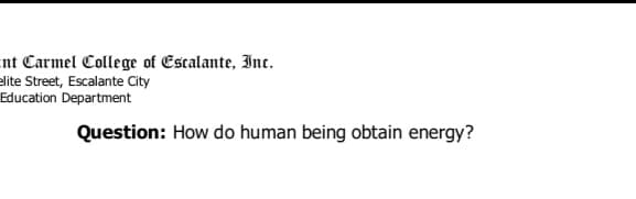 nt Carmel College of Escalante, Inc.
elite Street, Escalante City
Education Department
Question: How do human being obtain energy?
