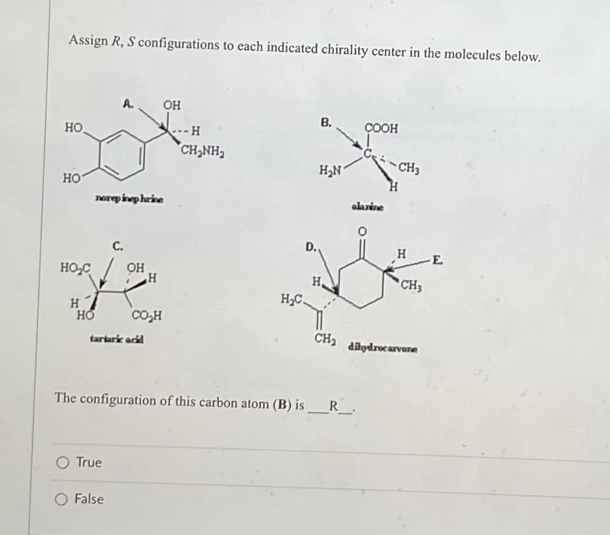 Assign R, S configurations to each indicated chirality center in the molecules below.
A.
OH
B.
HO
COOH
H₂N
norepinephrine
OH
HO
HO₂C
H
HO
H
CO₂H
-H
CH,NH,
D.
H₂C.
H
alarine
-CH3
H
CH₂
tartaric acid
The configuration of this carbon atom (B) is__R___.
O True
False
H
CH3
dihydrocarvone
E.