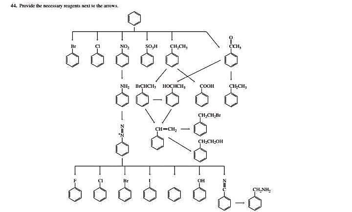 44. Provide the necessary reagents INext ta the arrows.
Br
șO,H
CH,CH,
CH,
NH, BICHCH
HOCHCH,
ÇOOH
CHCH,
CH,CH,Br
CH-CH, -
CH;CH,OH
Br
он
CH,NH,
z=z-
