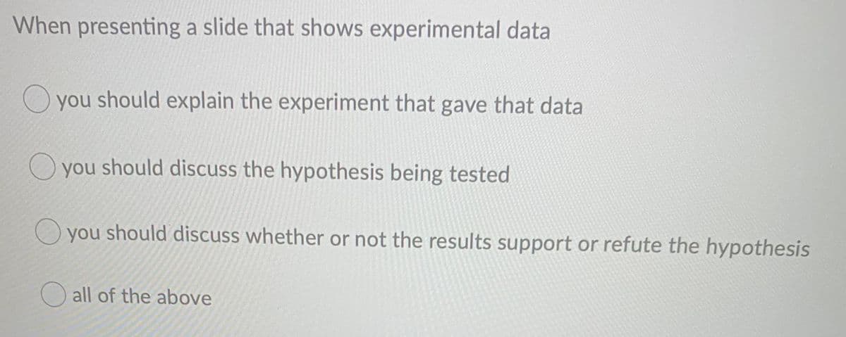 When presenting a slide that shows experimental data
you should explain the experiment that gave that data
you should discuss the hypothesis being tested
O you should discuss whether or not the results support or refute the hypothesis
all of the above
