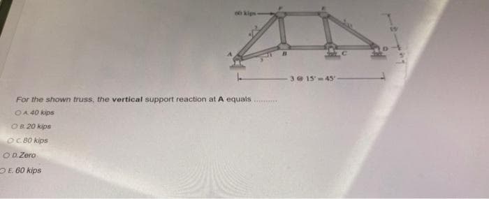 19
3 @ 15-45
For the shown truss, the vertical support reaction at A equals
OA 40 kips
OR 20 kips
OC 80 kips
OD Zero
DE. 60 kips
