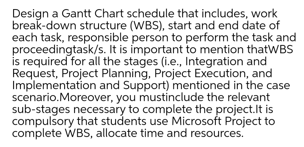 Design a Gantt Chart schedule that includes, work
break-down structure (WBS), start and end date of
each task, responsible person to perform the task and
proceedingtask/s. It is important to mention thatWBS
is required for all the stages (i.e., Integration and
Request, Project Planning, Project Execution, and
Implementation and Support) mentioned in the case
scenario.Moreover, you mustinclude the relevant
sub-stages necessary to complete the project.It is
compulsory that students use Microsoft Project to
complete WBS, allocate time and resources.
